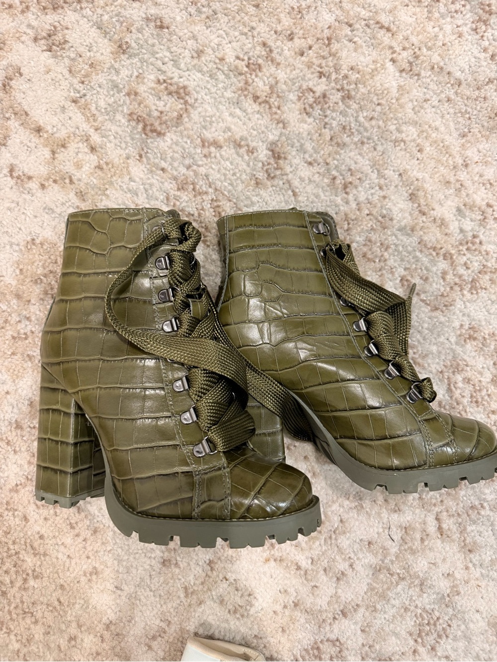 SCHUTZ Olive Croc-Embossed Lace-Up Block Heel Ankle Boots